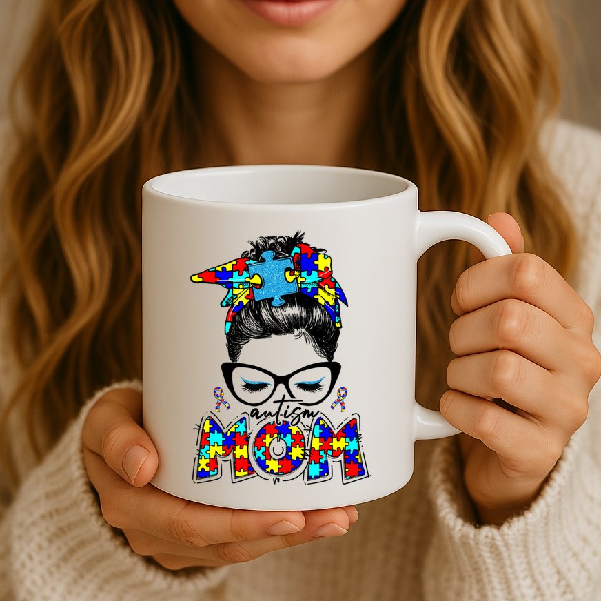 Autism Mom Puzzle Pieces Messy Bun Mug