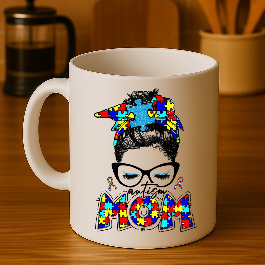 Autism Mom Puzzle Pieces Messy Bun Mug
