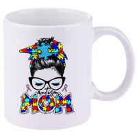 Autism Mom Puzzle Pieces Messy Bun 11oz C Handle Ceramic Mug