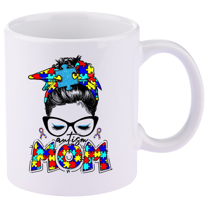 Autism Mom Puzzle Pieces Messy Bun 11oz C Handle Ceramic Mug