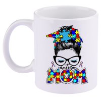 Autism Mom Puzzle Pieces Messy Bun 11oz C Handle Ceramic Mug