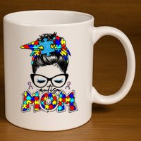 Autism Mom Puzzle Pieces Messy Bun 11oz C Handle Ceramic Mug