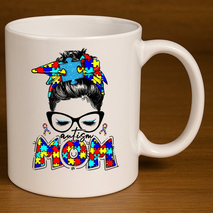 Autism Mom Puzzle Pieces Messy Bun 11oz C Handle Ceramic Mug