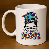 Autism Mom Puzzle Pieces Messy Bun 11oz C Handle Ceramic Mug