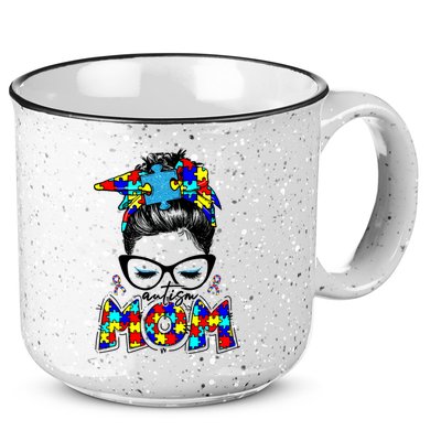 Autism Mom Puzzle Pieces Messy Bun 15oz Campfire Ceramic Mug