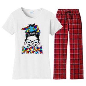 Autism Mom Puzzle Pieces Messy Bun Women's Flannel Pajama Set