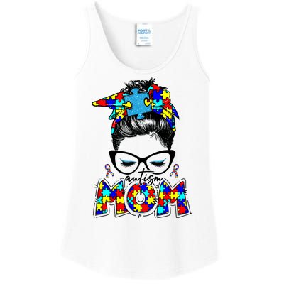 Autism Mom Puzzle Pieces Messy Bun Ladies Essential Tank