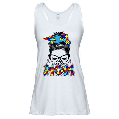 Autism Mom Puzzle Pieces Messy Bun Ladies Essential Flowy Tank
