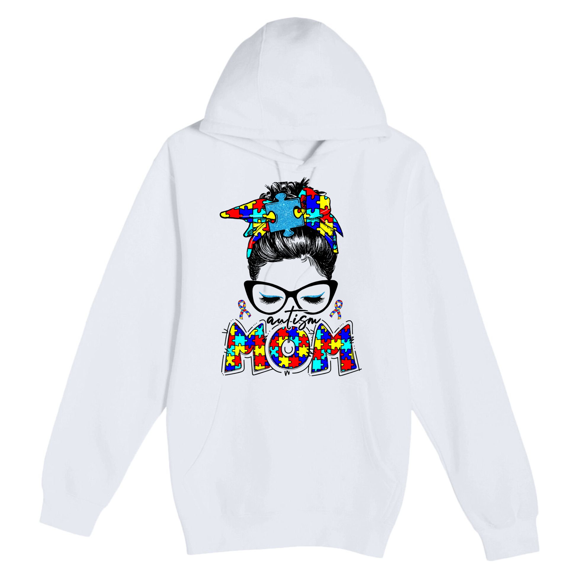 Autism Mom Puzzle Pieces Messy Bun Premium Pullover Hoodie