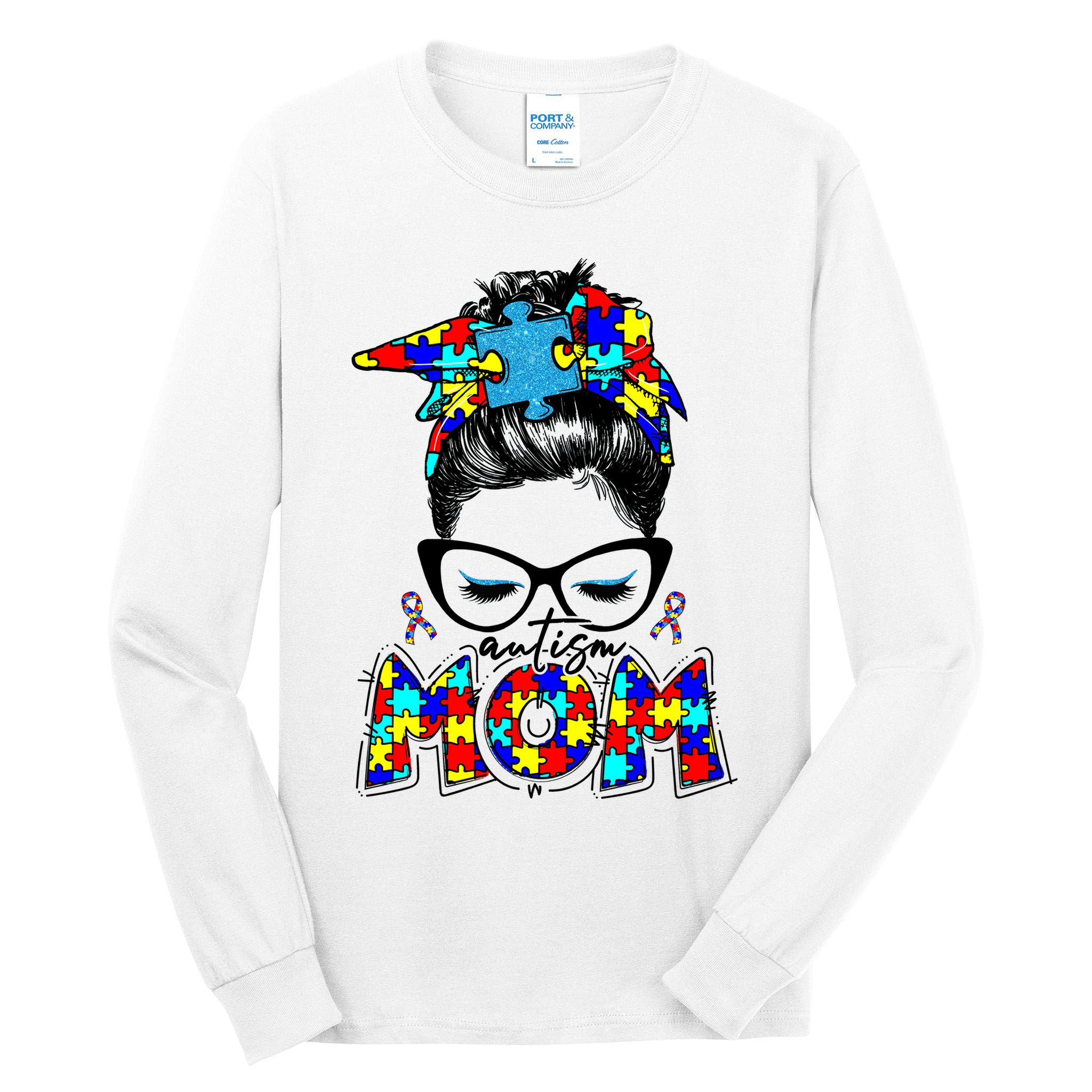 Autism Mom Puzzle Pieces Messy Bun Tall Long Sleeve T-Shirt