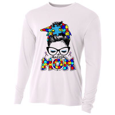 Autism Mom Puzzle Pieces Messy Bun Cooling Performance Long Sleeve Crew