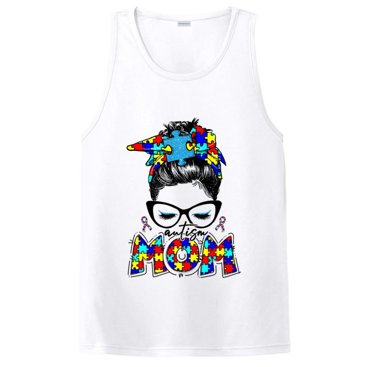 Autism Mom Puzzle Pieces Messy Bun PosiCharge Competitor Tank