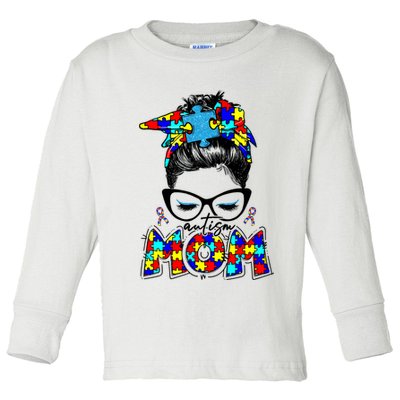 Autism Mom Puzzle Pieces Messy Bun Toddler Long Sleeve Shirt