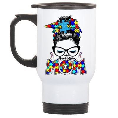 Autism Mom Puzzle Pieces Messy Bun Stainless Steel Travel Mug