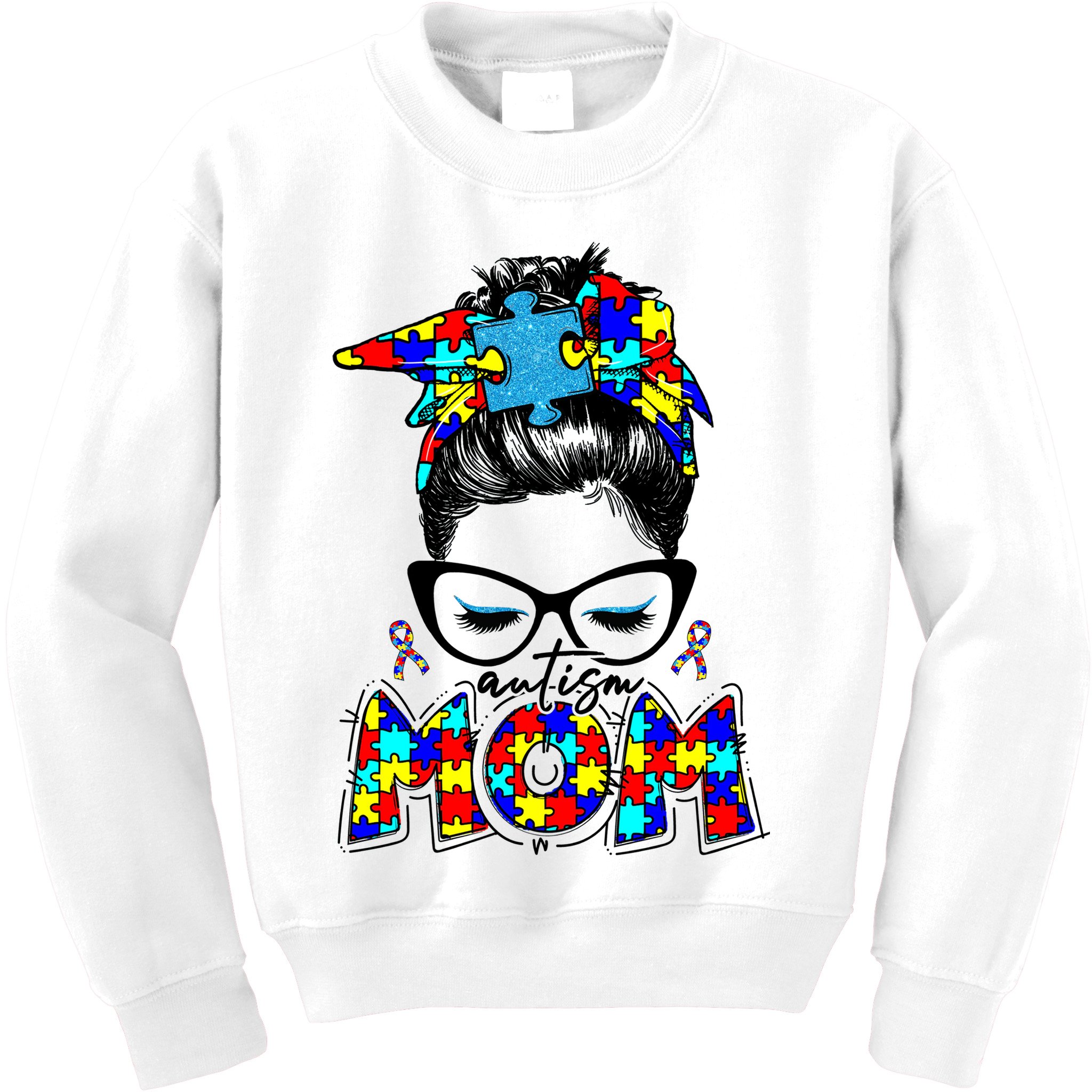 Autism Mom Puzzle Pieces Messy Bun Kids Sweatshirt