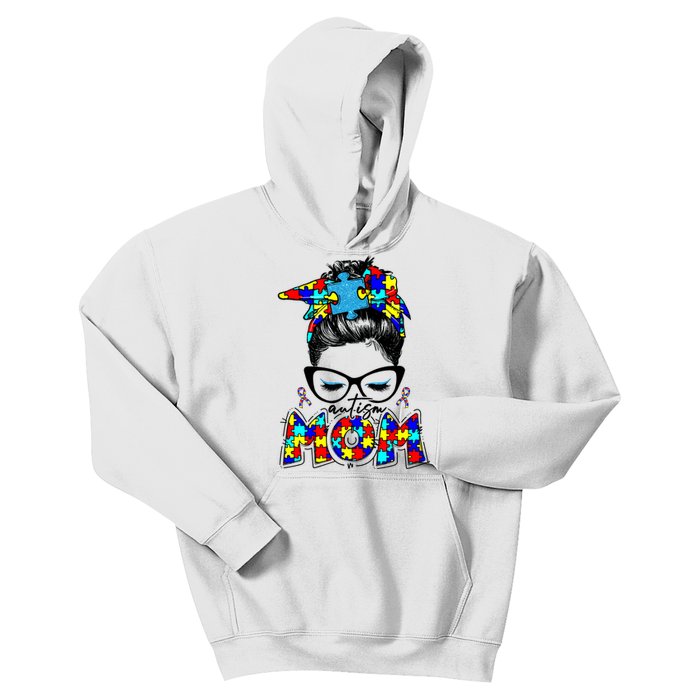 Autism Mom Puzzle Pieces Messy Bun Kids Hoodie