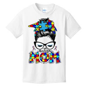 Autism Mom Puzzle Pieces Messy Bun Kids T-Shirt