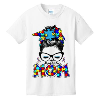 Autism Mom Puzzle Pieces Messy Bun Kids T-Shirt
