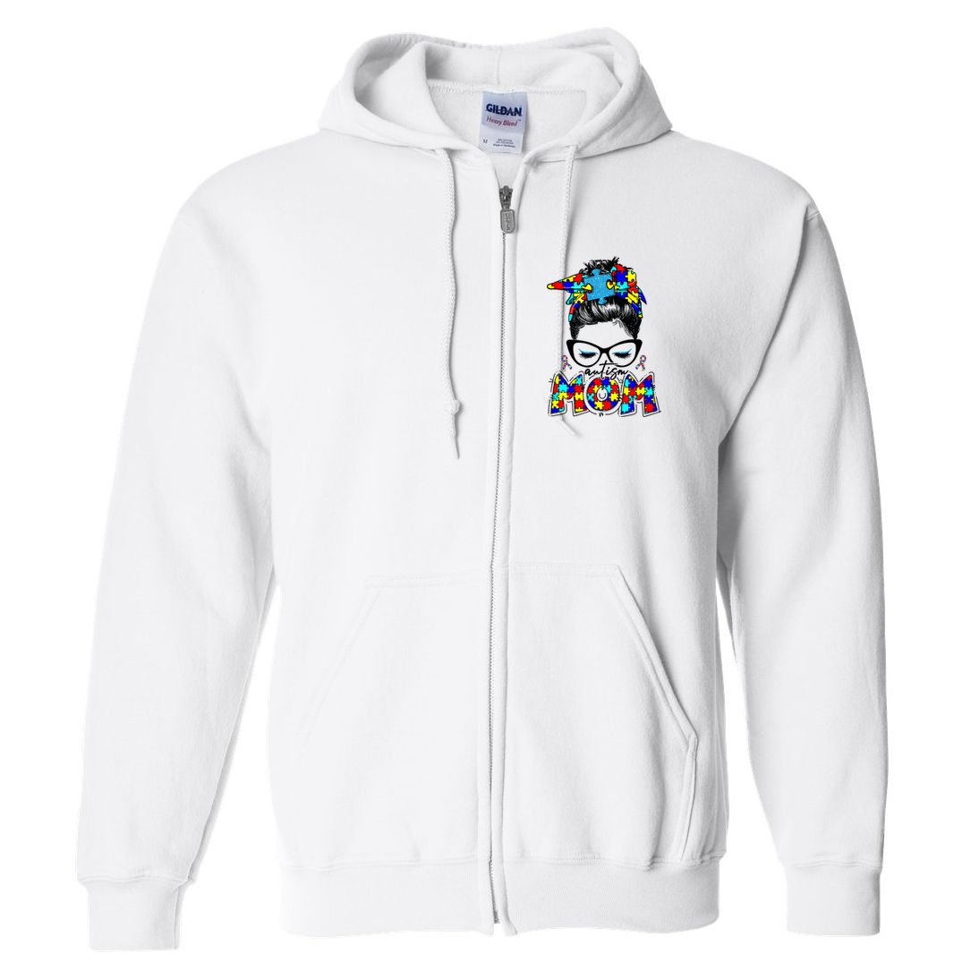 Autism Mom Puzzle Pieces Messy Bun Full Zip Hoodie