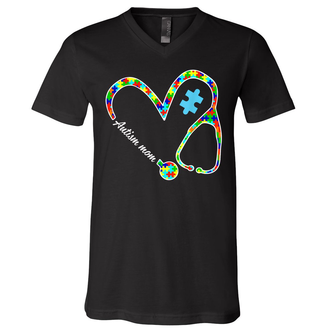 Autism Mom Puzzle Stethoscope Nurse Autism Awareness Day V-Neck T-Shirt