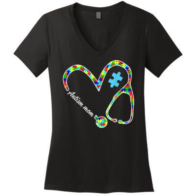 Autism Mom Puzzle Stethoscope Nurse Autism Awareness Day Women's V-Neck T-Shirt