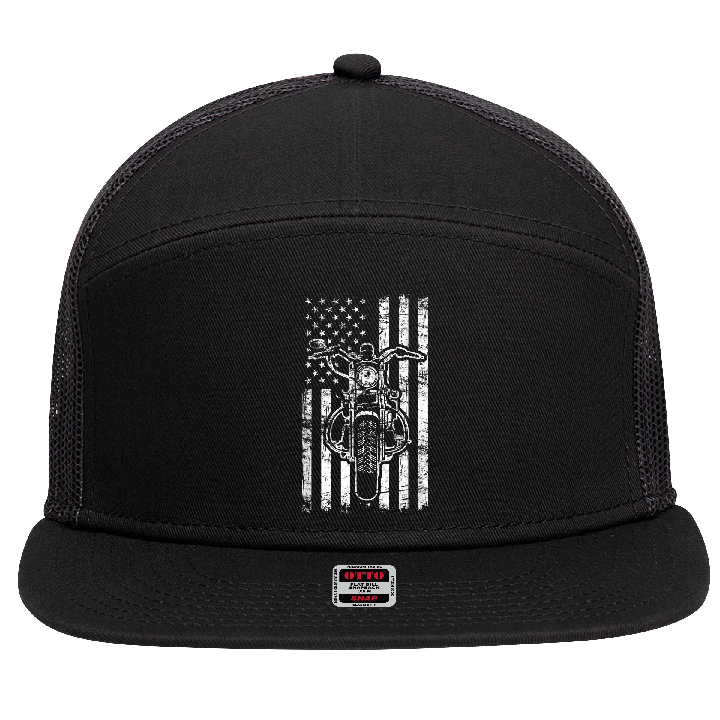 American Motorcycle Patriotic US Flag Cool Biker 7 Panel Mesh Trucker Snapback Hat