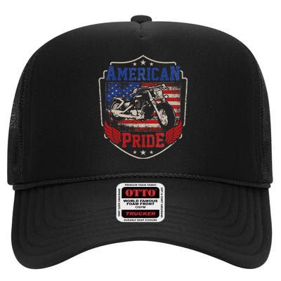 American Motorcycle Pride Vintage Proud biker 4th of July High Crown Mesh Back Trucker Hat