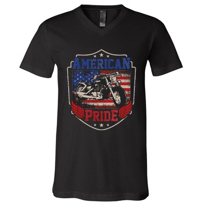 American Motorcycle Pride Vintage Proud biker 4th of July V-Neck T-Shirt