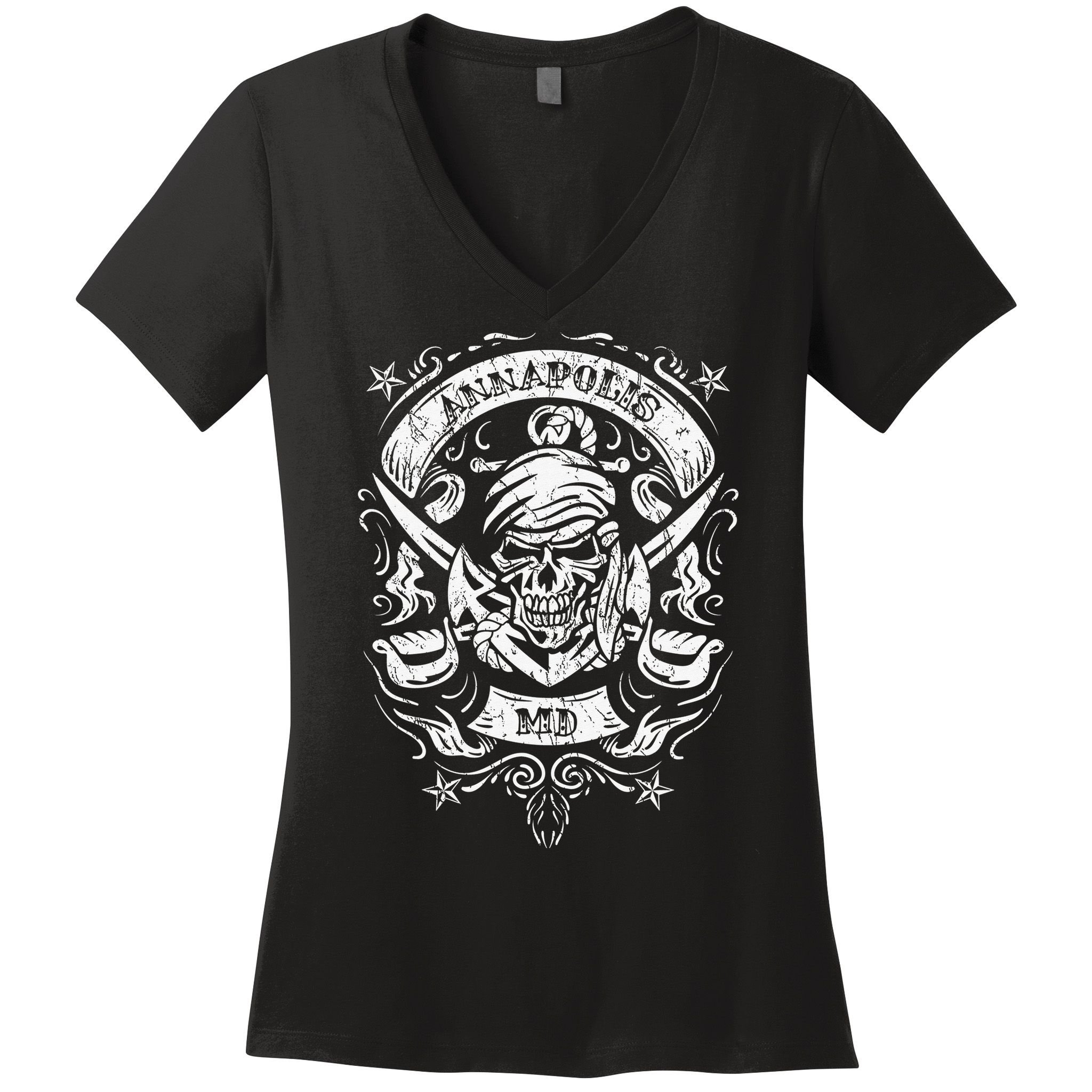 Annapolis Maryland Pirate Skull and Crossed Swords Women's V-Neck T-Shirt
