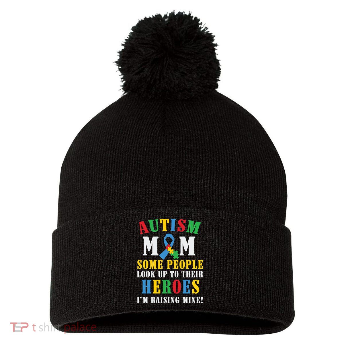 Autism Mom Puzzle Ribbon Son Mother's Day Autism Awareness Pom Pom 12in Knit Beanie