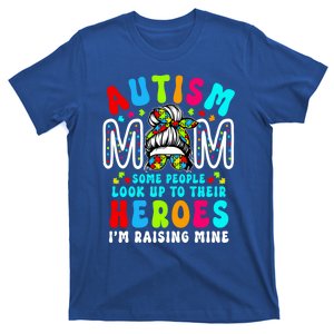 Autism Mom Raising Hero Groovy Messy Bun Autism Awareness Gift T-Shirt