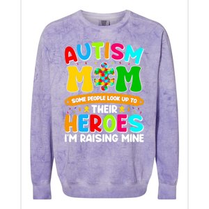 Autism Mom Raising Hero Puzzle Piece Autism Awareness Gift Colorblast Crewneck Sweatshirt