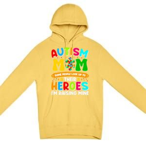 Autism Mom Raising Hero Puzzle Piece Autism Awareness Gift Premium Pullover Hoodie