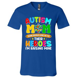 Autism Mom Raising Hero Puzzle Piece Autism Awareness Gift V-Neck T-Shirt