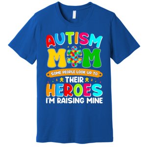 Autism Mom Raising Hero Puzzle Piece Autism Awareness Gift Premium T-Shirt