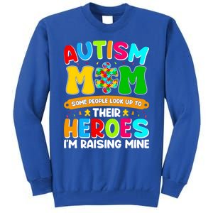 Autism Mom Raising Hero Puzzle Piece Autism Awareness Gift Tall Sweatshirt