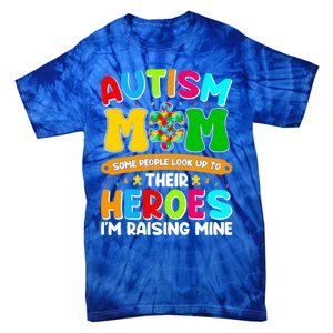 Autism Mom Raising Hero Puzzle Piece Autism Awareness Gift Tie-Dye T-Shirt