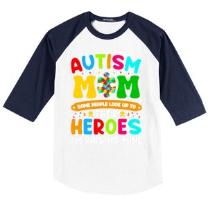 Autism Mom Raising Hero Puzzle Piece Autism Awareness Gift Baseball Sleeve Shirt