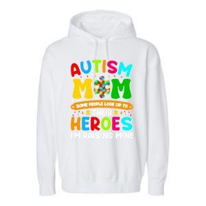 Autism Mom Raising Hero Puzzle Piece Autism Awareness Gift Garment-Dyed Fleece Hoodie