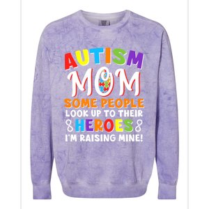 Autism Mom Raising My Son Hero Autism Awareness Ribbon Gift Colorblast Crewneck Sweatshirt