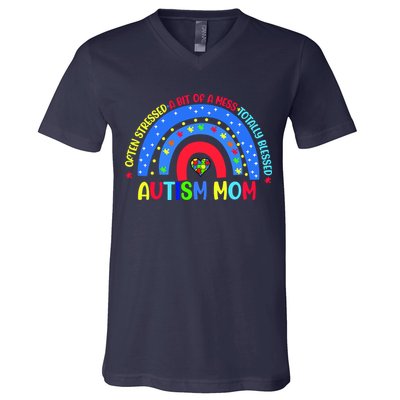 Autism Mom Rainbow Totally Blessed Awareness Love Puzzle V-Neck T-Shirt