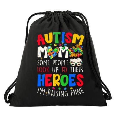 Autism Mom Raising Hero Groovy Messy Bun Autism Awareness Drawstring Bag