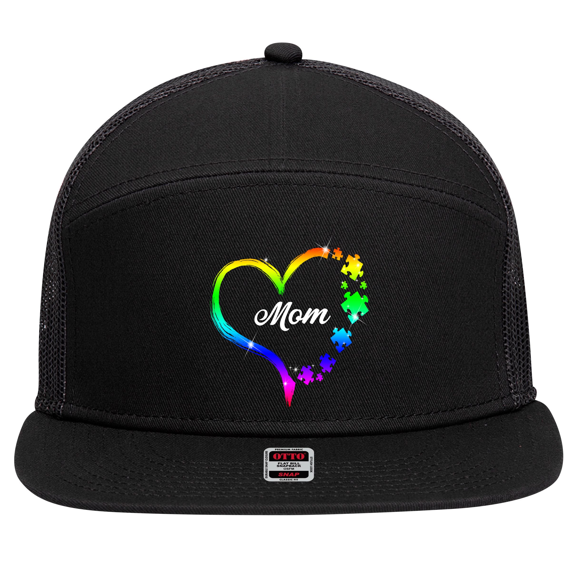 Autism Mom Rainbow Heart 7 Panel Mesh Trucker Snapback Hat