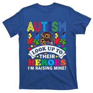 Autism Mom Raising Hero Groovy Messy Bun Autism Awareness Gift T-Shirt