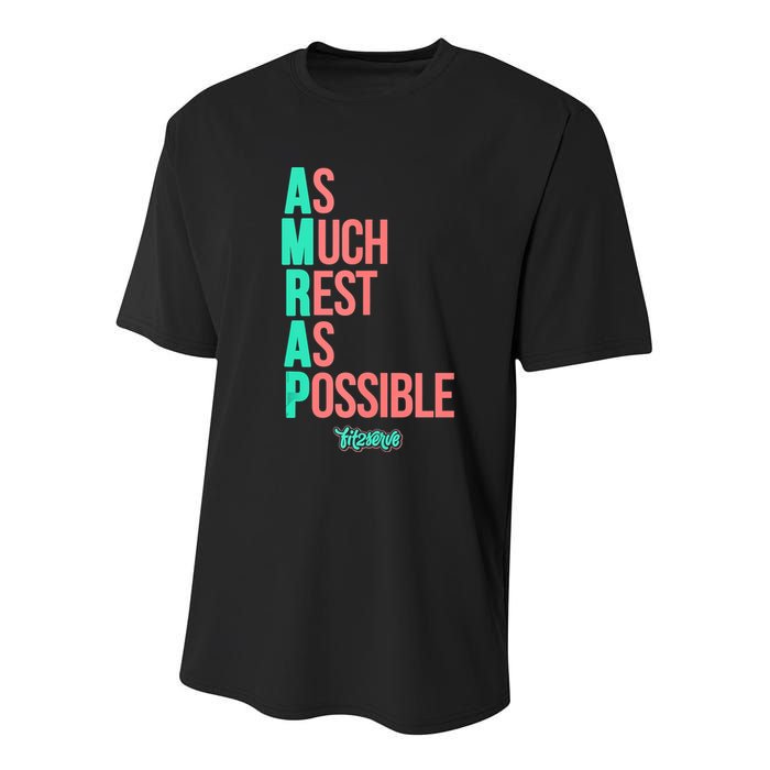 As Much Rest As Possible AMRAP Funny FIT2SERVE Youth Performance Sprint T-Shirt