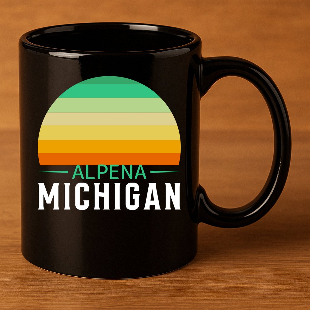 Alpena Michigan Retro Sunset 11oz C Handle Ceramic Mug