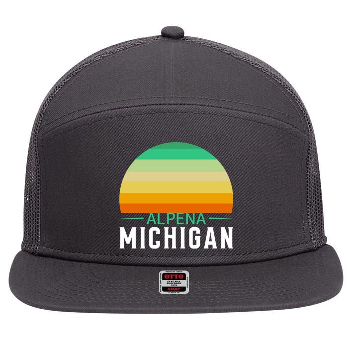Alpena Michigan Retro Sunset 7 Panel Mesh Trucker Snapback Hat