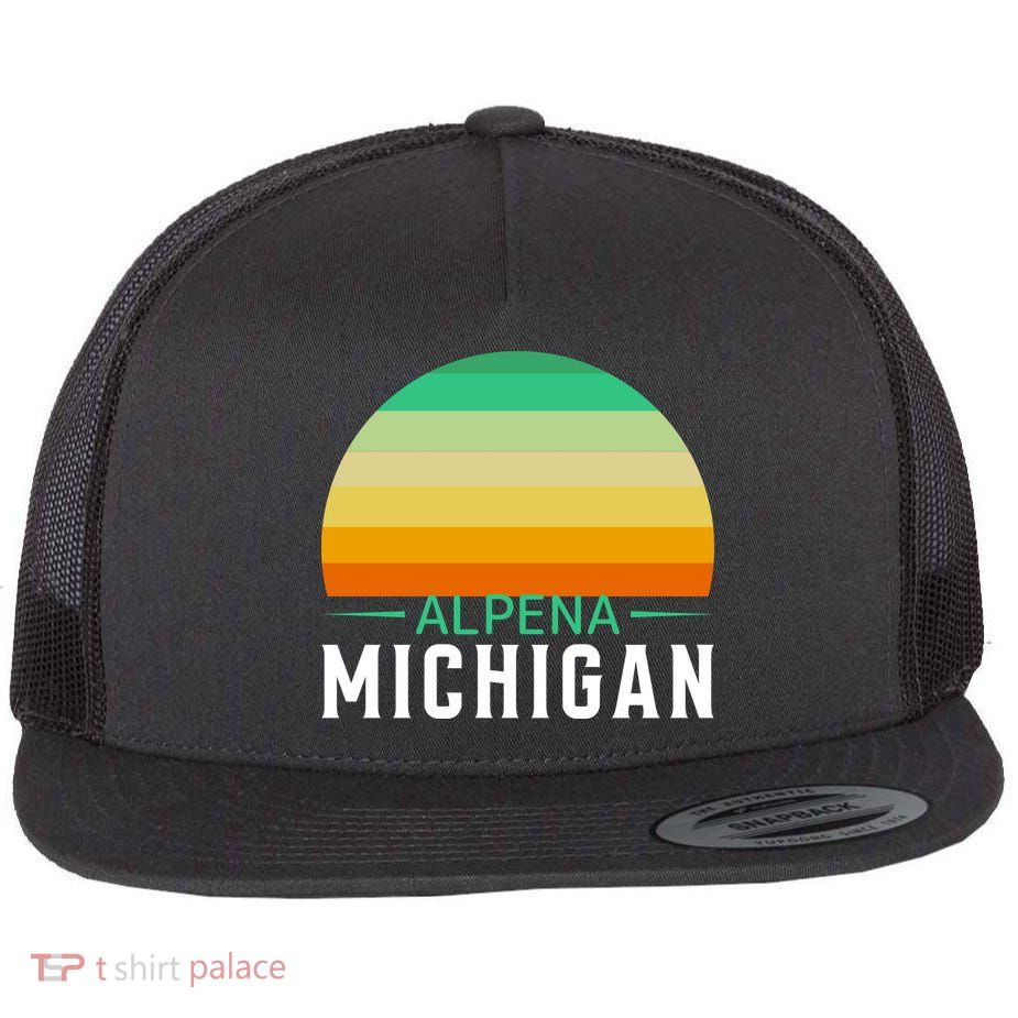 Alpena Michigan Retro Sunset Flat Bill Trucker Hat