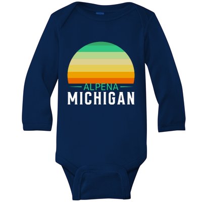 Alpena Michigan Retro Sunset Baby Long Sleeve Bodysuit