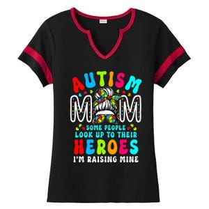 Autism Mom Raising Hero Groovy Messy Bun Autism Awareness Ladies Halftime Notch Neck Tee